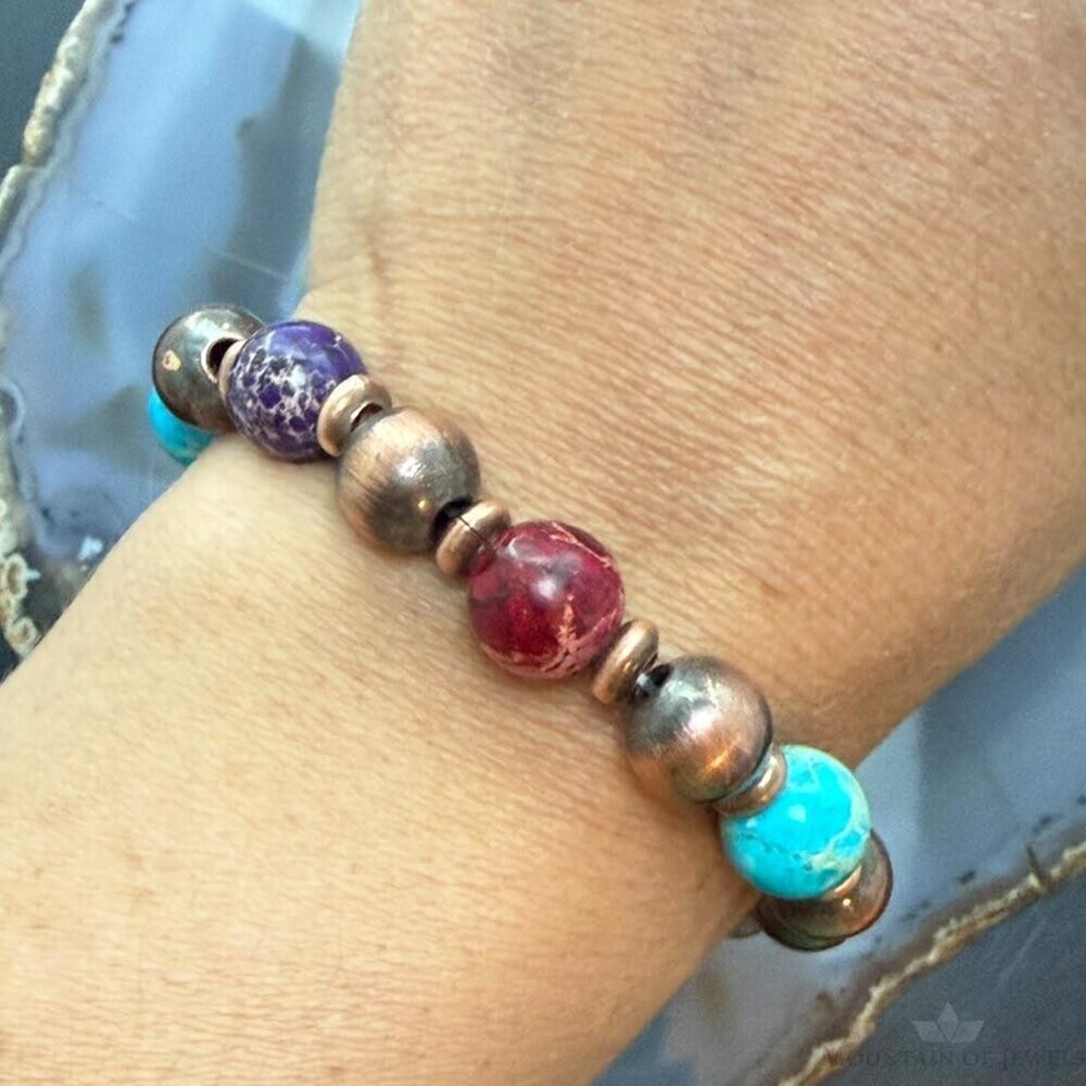 10mm Copper Navajo Pearl & 10mm Sediment Jasper Stretch Bracelet For Women